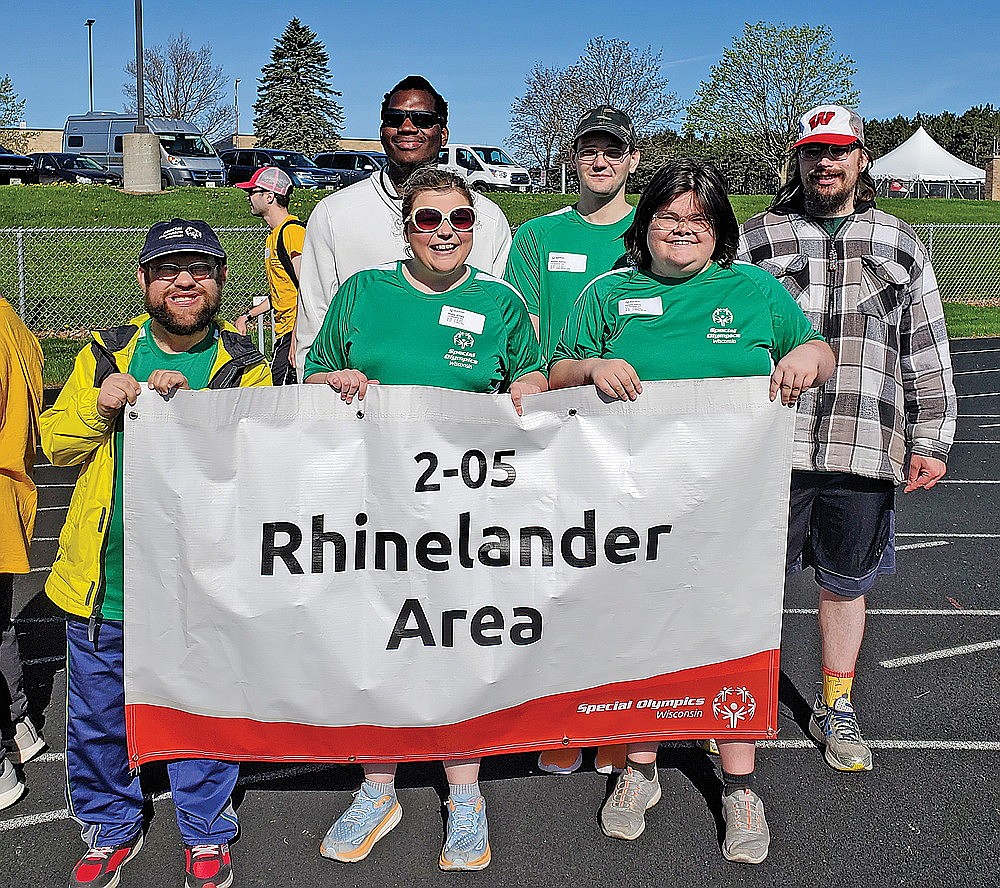Rhinelander Special Olympics 2-05 athletes pose for a photograph after taking part in the regional track and field meet in Colby Saturday, May 10. Pictured in the front row, from left to right, are Jonathan Ankrom, Ashley Mathy and Daray Hawes. In the back row are Daniel Strutz, Darrick Nelson and Charles Moritz. (Submitted photo)