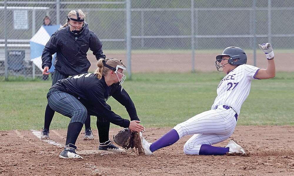 Rhinelander’s Lucy Lindner tags Mosinee’s Brooklyn Simonis for an out at third base during the second inning of a GNC softball game at Andrea Musson Field Tuesday, May 20. (Jeremy Mayo/River News)