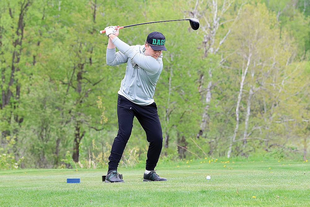 Rhinelander’s Sam Schoppe hits a tee shot on the par-4 sixth hole at Black River Golf Course in Medford during the final round of the GNC golf tournament Monday, May 19. Schoppe finished 10th in the final conference standings and was the only Hodag to earn all-conference recognition. (Matt Frey/Star News)