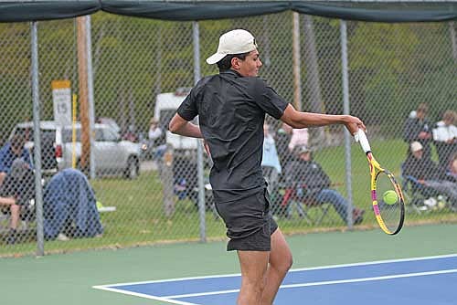 Dominic Gironella squares the ball for a groundstroke in his No. 1 singles championship match against Ashland during the Great Northern Conference Tournament Thursday, May 22 at the Lakeland Union High School tennis courts in Minocqua. Gironella won the conference title at No. 1 singles and was named the conference’s singles Player of the Year. (Photo by Brett LaBore/Lakeland Times)