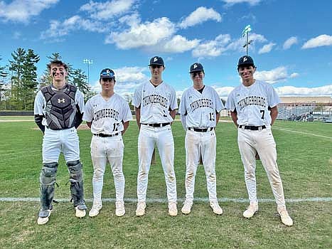 Lakeland honored seniors, from left, Ashton Bremer, Merick Trotter, Ben Peterson, Cooper Johnson and Tristan Rainey prior to their game against Mosinee Thursday, May 22 at the Lakeland Union High School baseball field in Minocqua. (Contributed photograph)
