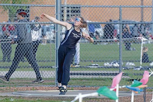 Hannah Fieweger lets go of the discus during the Great Northern Conference Meet Thursday, May 22 at Veterans Park Football Field in Mosinee. Fieweger placed third with a mark of 110-2. (Photo by Jeremy Mayo/River News)