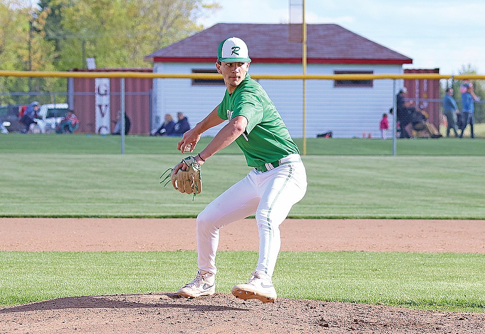 Rhinelander’s Conner Rappley pitches during the third inning of a GNC baseball game at Medford Thursday, May 22. (Matt Frey/Star News)