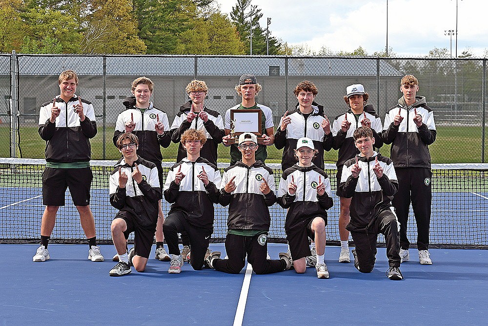 The Rhinelander High School boys’ tennis team poses with the Great Northern Conference championship trophy after winning the conference title Thursday, May 22 in Minocqua. In the front row are Owen Ever, Aidan Lueder, Asher Rivord, Calvin Loomis and Brayden Barnhill. In the back row are Danek Koniar, Payton McCue, Hart Hokens, Aiden Ostermann, Van Tulowitzky, Karter Massey and Michael Schiek. The players hold up the index finger on each hand to signify the 11 consecutive conference championships won by the team — tying Mosinee softball for the longest championship streak in GNC history. (Kari Britton/Submitted)