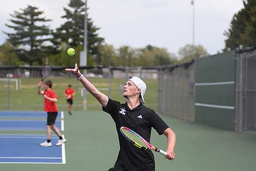 Jack Stepec serves the ball in his No. 2 singles match against Medford during a WIAA Division 2 subsectional meet Tuesday, May 27 at the Lakeland Union High School tennis courts in Minocqua. Stepec won 6-2, 6-4. (Photo by Brett LaBore/Lakeland Times)