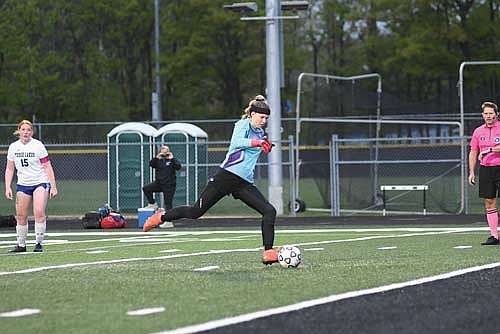 Ava Evenhouse makes a penalty kick in the second half of a non-conference game against Three Lakes Tuesday, May 27 at IncredibleBank Field in Minocqua. Evenhouse scored her first-career goal with the kick. (Photo by Brett LaBore/Lakeland Times)