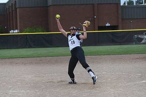 Saylor Timmerman delivers a pitch in the fifth inning of a WIAA Division 2 regional semifinal game against Shawano Tuesday, May 27 at Lenz Field in Minocqua. Timmerman pitched 13 shutout innings with 29 strikeouts, a new state record in one game. (Photo by Brett LaBore/Lakeland Times)