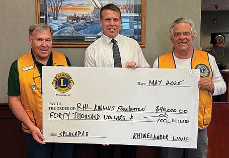 Those attending the check presentation are, from left, Mike Romportl, Lions president; Brandon Karaba of Rhinelander Kiwanis; and Bob Berns Lions treasurer. (Contributed photograph)