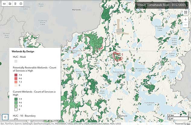 The Wetlands by Design online mapping tool can help land managers to understand where to get the most benefit from their restoration efforts. Shading of various wetland indicates the services provided by intact wetlands and the potential services created through various restoration efforts. (Contributed image)