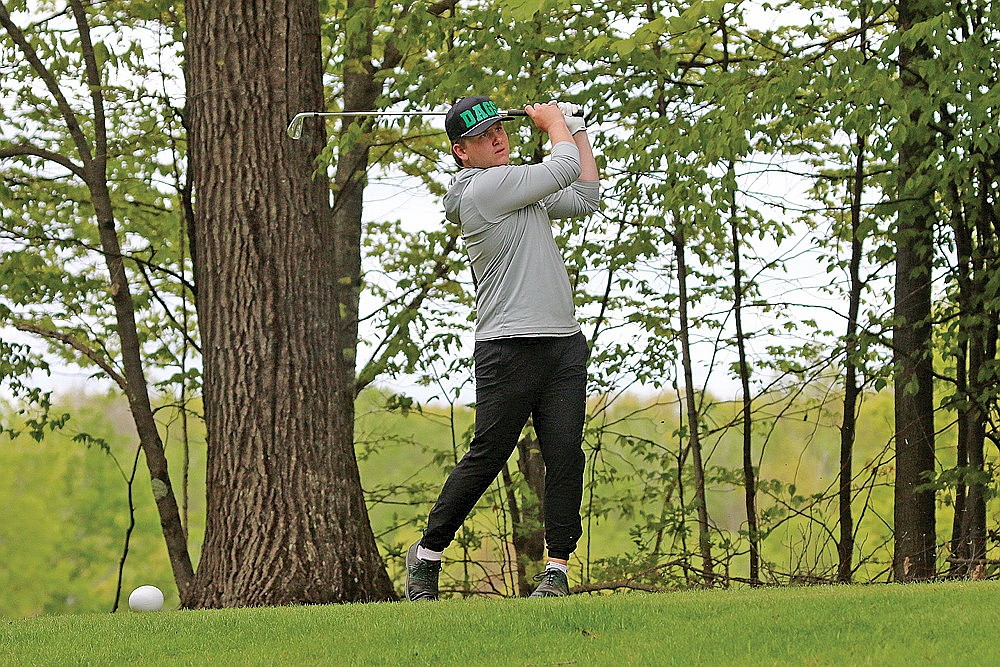 Rhinelander’s Sam Schoppe hits his tee shot on the par-4 ninth hole at Northwood Golf Club during the Hodag Invite Friday, May 23. Schoppe won that event with a 77 and followed with a 79 Tuesday in a WIAA Division 1 regional in Wausau to advance to sectionals. (Bob Mainhardt for the River News)