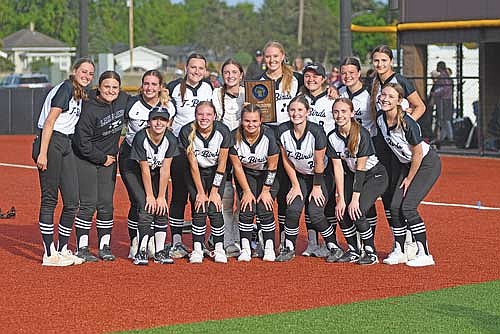 The Thunderbird softball team poses for a picture with the regional final plaque after defeating Mosinee 1-0 in eight innings in a WIAA Division 2 regional final game Thursday, May 29 at Mosinee Boulevard Turf Field. Players pictured, back row from left, are Savanah Kemnitz, Ava Sauer, Rayna Hella, Sarah Barton, Lani Frisch, Saylor Timmerman, Karlin Williams, Marlee Strasburg, Malia Newport; front row, Stevie Jurries, Ali Timmerman, Moriah Louis, Addison Trapp, Allyson Seaberg and Ciara Christianson. (Photo by Brett LaBore/Lakeland Times)