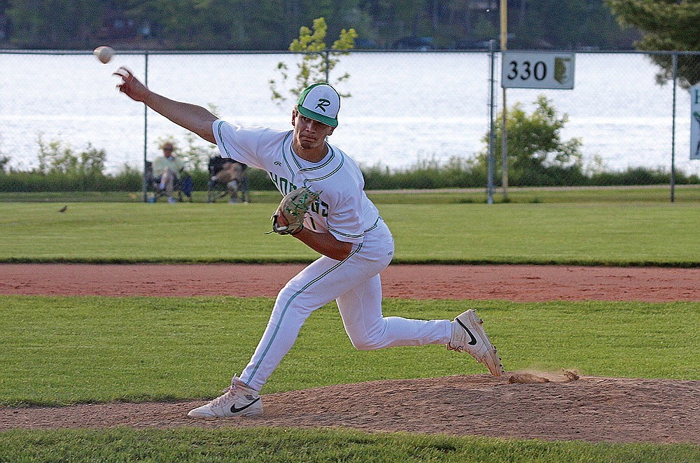 Rhinelander’s Conner Rappley pitches during the seventh inning of a WIAA Division 2 regional quarterfinal baseball game against Amery at Stafford Field Thursday, May 29. Rappley allowed two hits over 6 2/3 shutout innings with 12 strikeouts as the Hodags defeated the Warriors, 5-0. (Bob Mainhardt for the River News)