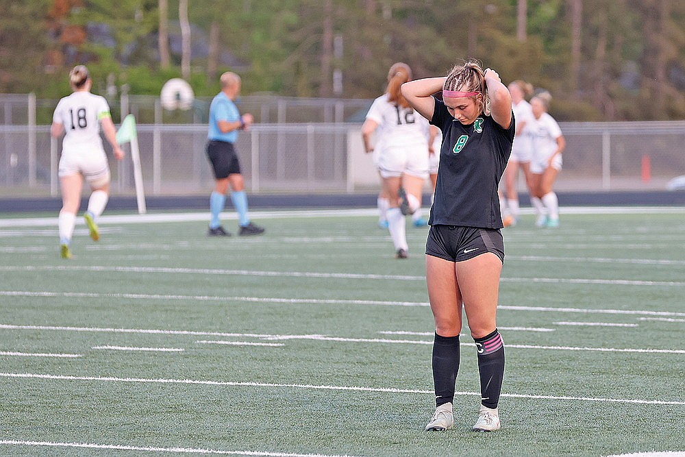 Rhinelander’s Sophie Miljevich reacts after Lakeland’s Bobbi Lee scores a goal during the second half of a GNC girls’ soccer game at Mike Webster Stadium Thursday, May 29. Rhinelander lost 2-0 and shared the Great Northern Conference title with Lakeland as a result. (Bob Mainhardt for the River News)