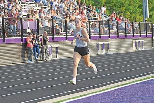 Stella Meza runs the final meters of the 800-meter run during a WIAA Division 2 sectional meet Friday, May 30 at Bauer Built Sports Complex in Durand. Meza will run both the 4x800 relay and open 800 at state this weekend. (Photo by Brett LaBore/Lakeland Times)