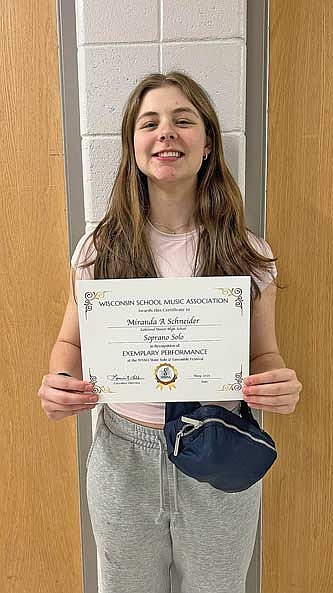 Lakeland Union High School sophomore Miranda Schneider was awarded the Exemplary Performance award for a soprano solo, “Du Bist Di Rue,” which she performed for state solo and ensemble festivals coordinated by the Wisconsin School Music Association on May 3. (Contributed photograph)