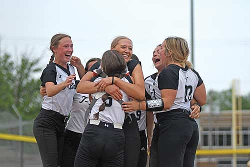The Thunderbirds burst with excitement after getting the last out of a 1-0 win over Rice Lake in a WIAA Division 2 sectional final game Thursday, June 5 at Rice Lake High School. Players shown, from left, are Ciara Christianson, Lani Frisch (5), Saylor Timmerman, Malia Newport and Rayna Hella. (Photo by Brett LaBore/Lakeland Times)