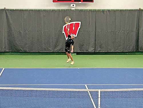 Dominic Gironella leaves his feet for a spike in his first round match against West Salem’s Jesse Miller during the WIAA Division 2 individual state singles tournament Thursday, June 5 at Nielsen Stadium in Madison. Following his 6-0, 6-0 win, Gironella was ranked No. 21 in the state for individual singles players. (Contributed photograph)