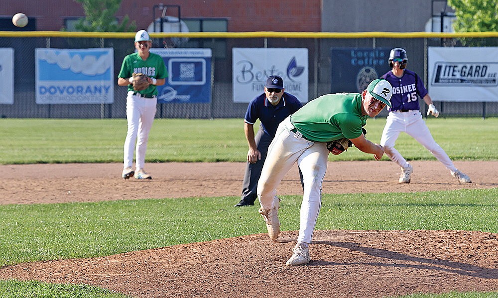 Rhinelander’s Dylan Vanderbunt pitches during a WIAA Division 2 regional final baseball game in Mosinee Thursday, June 5. (Bob Mainhardt for the River News)