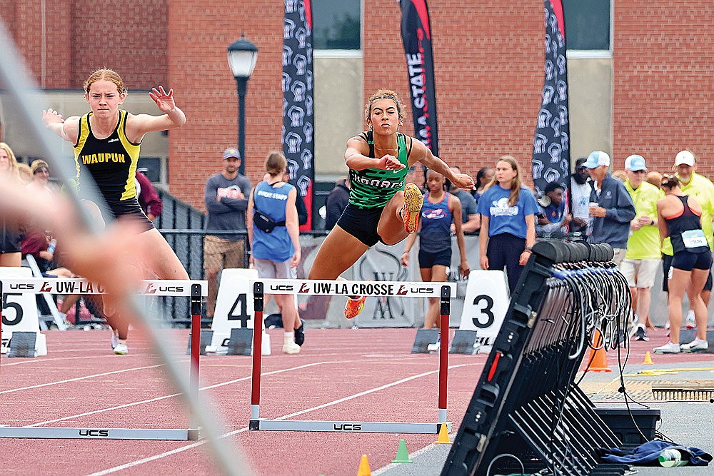 Rhinelander’s Aila Bergman competes in the finals of the Division 2 girls’ 300-meter hurdles during the WIAA state track meet in La Crosse Saturday, June 7. Bergman finished fourth in the event with a school-record time of 44.79 seconds. (Matt Frey/Star News)