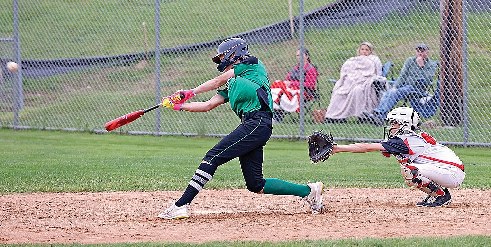 Rhinelander’s Jaxon West hits an inside the park home run during the second inning of a Northwoods Babe Ruth Prep League game against Lakeland-2 at Stafford Field Wednesday, June 11. The Hodags pounded out 10 hits in just two offensive innings and defeated Lakeland, 18-3. (Bob Mainhardt for the River News)