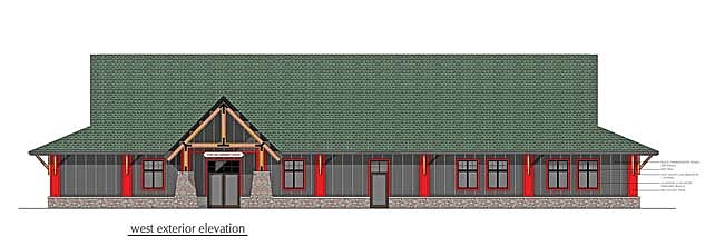 An architect’s rendering of the west side of what will be the new Plum Lake town hall in Sayner. (Contributed image)