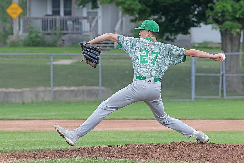 Rhinelander’s Vince White pitches during the first inning of an American Legion baseball game at Antigo Wednesday, June 18. White struck out 10 and scattered three hits over six scoreless innings as the Rebels defeated the Typhoon, 2-0. (Jeremy Mayo/River News)