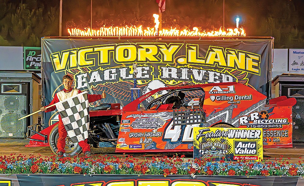 Gresham’s Charlie Hoffman celebrates in victory lane after winning the B-Modified feature at Eagle River Speedway Tuesday, June 17. (Josh Castle/Eagle River Speedway)