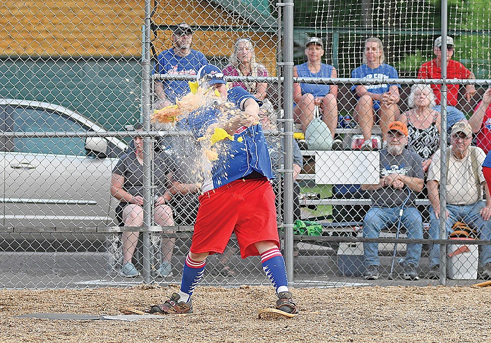 Cole Punches destroys the melon ball in the Snowhawks’ season opener with Newswatch 12 Monday, June 23 at Snowshoe Park in Lake Tomahawk. (Brett LaBore/Lakeland Times)