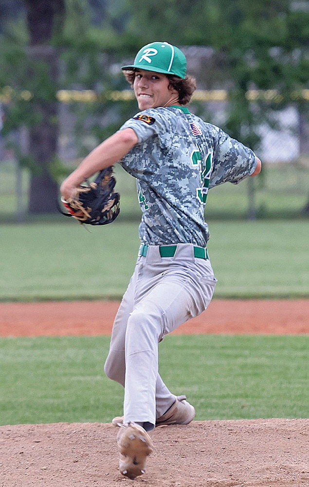 Rhinelander’s Mason Schmidt pitches during the first inning of an American Legion baseball game against Kingsford, Mich. at Stafford Field Monday, June 23. Schmidt allowed one run on three hits and struck out five as the Rebels defeated the Greens, 4-1. (Bob Mainhardt for the River News)