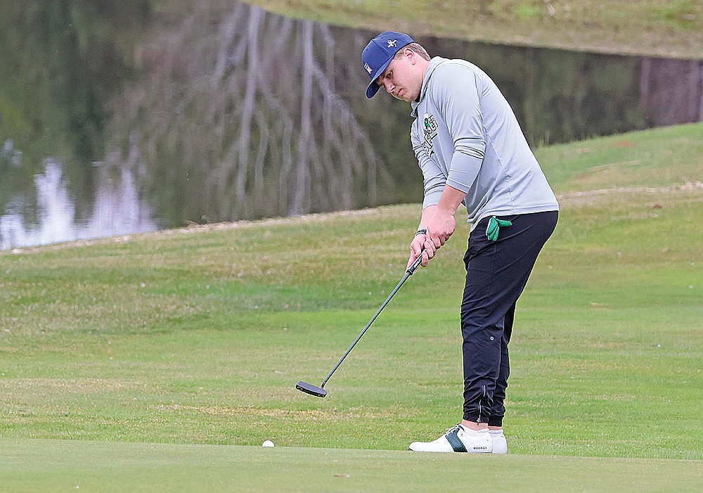 In this April 24, 2025 file photo Rhinelander’s Sam Schoppe putts the ball on the par-4 first hole at Black River Golf Course in Medford during the Medford Invite. Schoppe was the top golfer for the Hodags this spring with a scoring average of 81.8 strokes per round. He finished 19th in the Great Northern Conference standings and was the lone team member to qualify for sectionals. (Matt Frey/Star News)