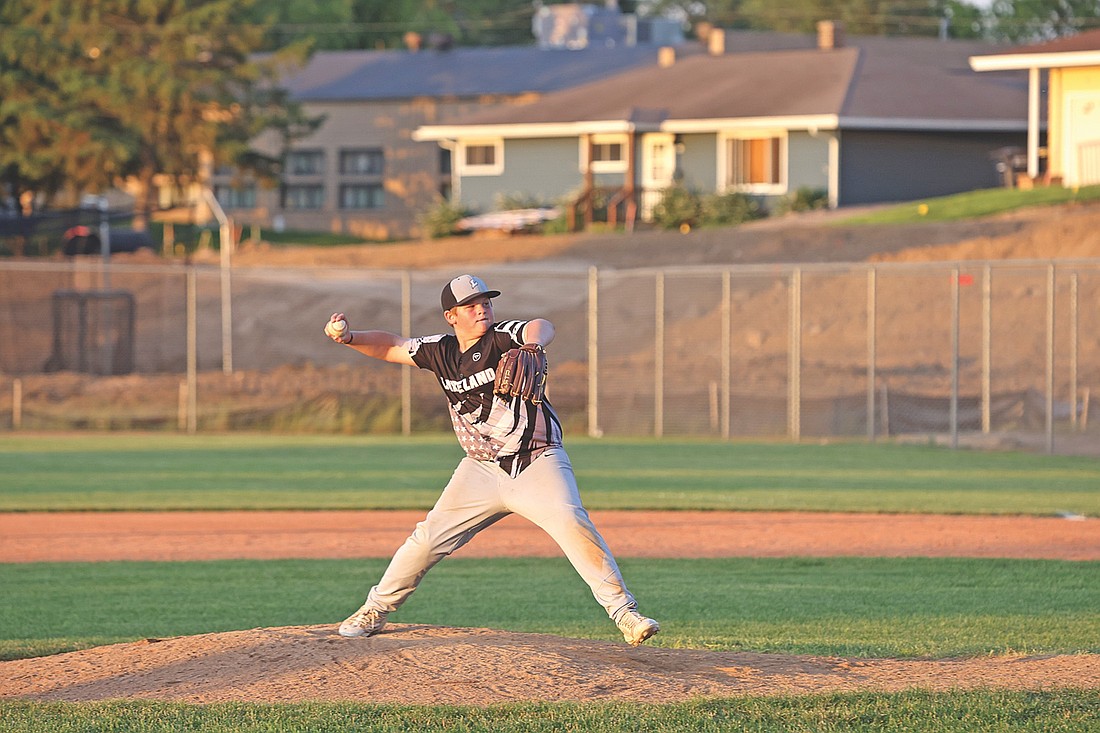 Owen Sauer pitches off the mound against Rhinelander Tuesday, June 24 at Stafford Field in Rhinelander. (Photo by Bob Mainhardt for the River News)