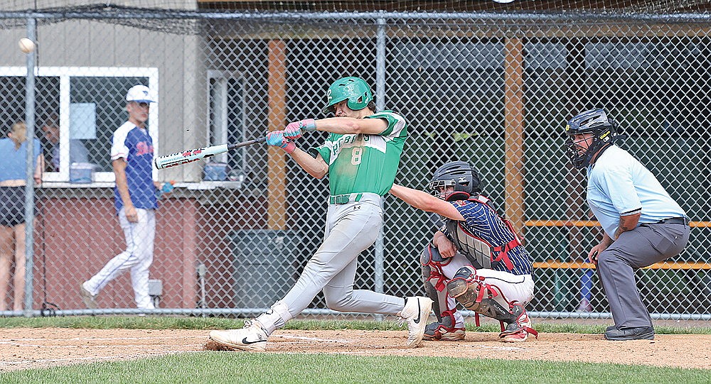 Rhinelander’s Conner Rappley hits an RBI double during the third inning of an American Legion baseball game against Chippewa Falls in Merrill Saturday, June 28. (Bob Mainhardt for the River News)