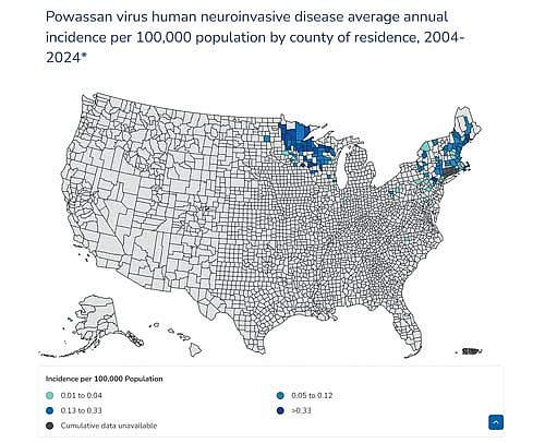 Most Powassan cases occur in the northeast and Great Lakes regions from late spring through mid-fall when ticks are most active. Source: CDC (Contributed image)