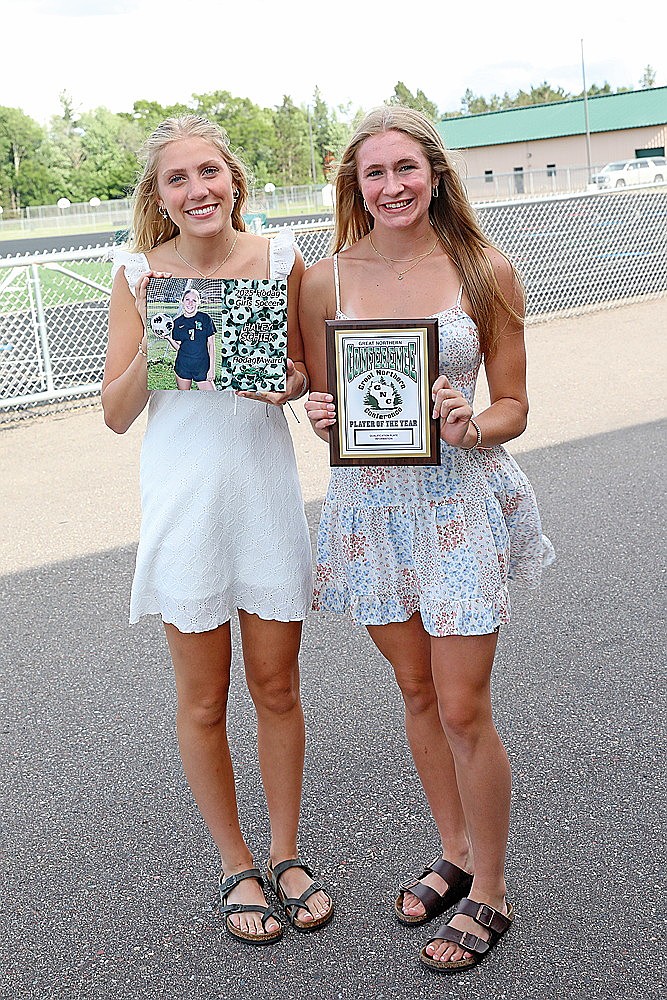 Hayley Schiek, left, and Vivian Lamers pose for a photograph following the Rhinelander High School girls’ soccer team’s banquet at Mike Webster Stadium Monday, June 30. The two were the varsity award winners for the Hodags this spring. Schiek won the Hodag Award and Lamers claimed the academic excellence award. (Bob Mainhardt for the River News)