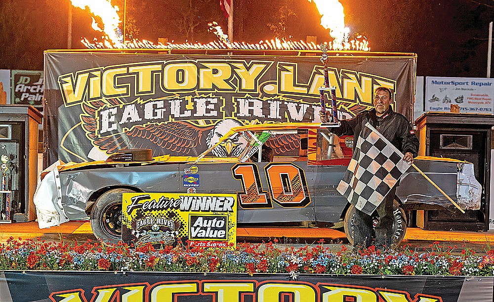 Rod Snellenberger of Pulaski celebrates in victory lane after capturing a $1,000 payday in the IMCA Stock Car feature at Eagle River Speedway Tuesday, July 1. (Josh Castle/Eagle River Speedway)