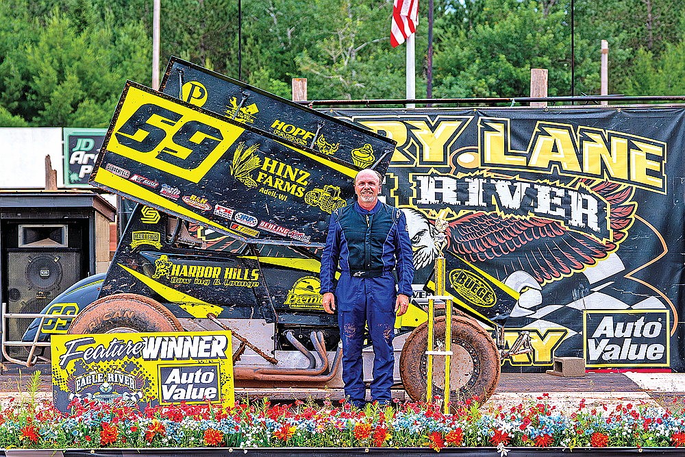 Boltonville's Bill Taylor celebrates in victory lane after winning the MSA 360 Sprint Car feature at Eagle River Speedway Saturday, July 5. (Josh Castle/Eagle River Speedway)
