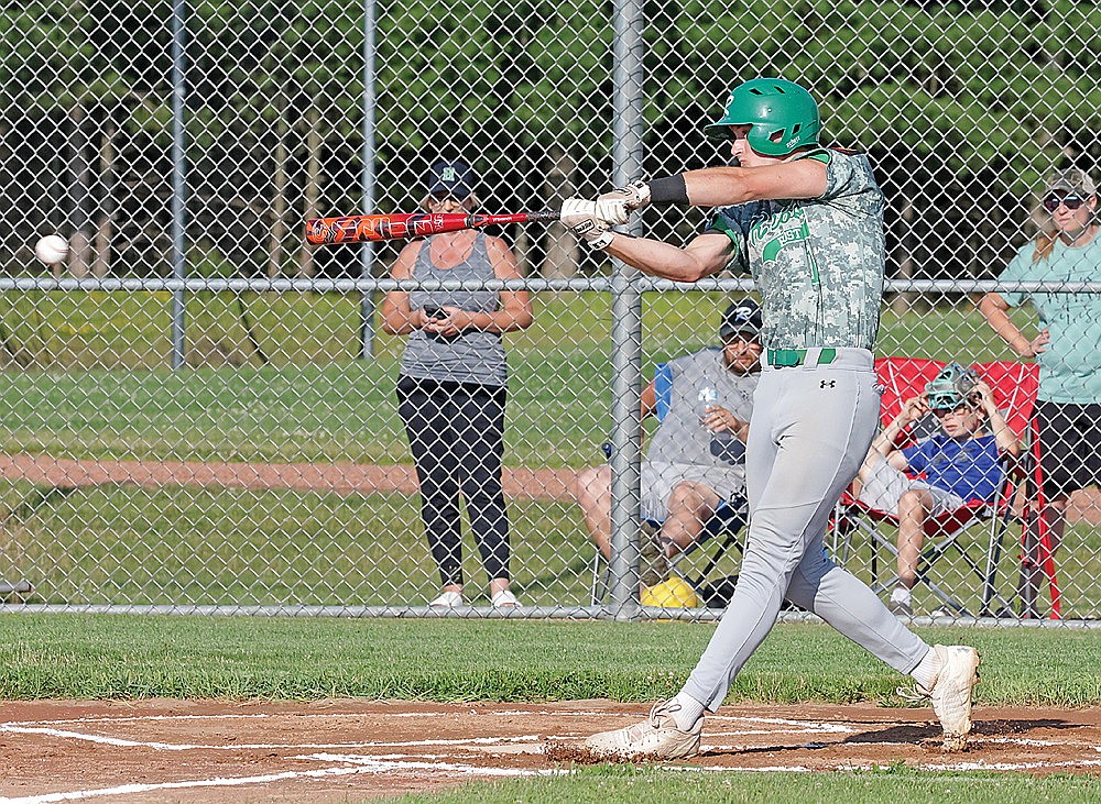 In this July 7, 2025 file photo, Rhinelander’s Dylan Vanderbunt hits a line drive during an American Legion baseball game against Northwoods in Eagle River. Vanderbunt has been named as a participant in the Wisconsin American Legion All-Star Game to be held at American Family Field in Milwaukee on Aug. 10. (Jeremy Mayo/River News)