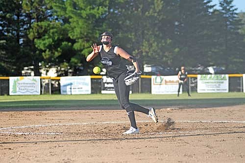 Britta Kemnitz delivers a pitch from the circle against Northwoods during the Rod Timm Memorial Girls’ Fast Pitch Tournament Saturday, July 19 at Sara Park in Tomahawk. Kemnitz pitched five shutout innings. (Photo by Brett LaBore/Lakeland Times)