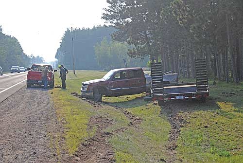 A 2004 Chevrolet Silverado pickup truck sustained major damage as the result of a collision with another pickup truck and then jack knifing its trailer in a ditch on State Highway 70 on Minocqua’s west side on Sunday, July 20. There were no injuries. (Photo by Brian Jopek/Lakeland Times)