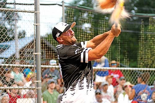 Jason Koranda of Black Bear Bar destroys the melon ball in the seventh inning of a snowshoe baseball game against the Snowhawks Monday, July 28 at Snowshoe Park in Lake Tomahawk. (Photo by Brett LaBore/Lakeland Times)