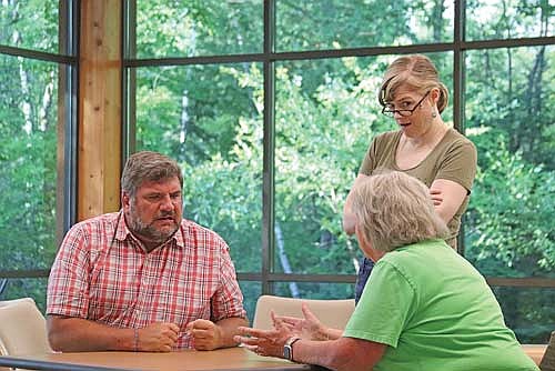 Local actors (from left) Angelo Guercio, Anna Schwartz and Carolyn Jensen rehearse a sketch from “It’s All in the Timing” before their Aug. 7-9 performances at The Hilgermann in Rhinelander. (Contributed photograph)