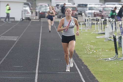 In this May 22, 2025 file photo, Stella Meza runs the closing laps of the 4x800-meter relay during the Great Northern Conference Meet at Veterans Park Football Field in Mosinee. (Photo by Jeremy Mayo/River News)