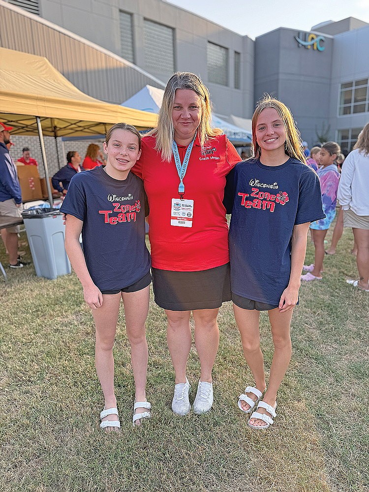 Three members of the Rhinelander Swim Club represented Team Wisconsin and the Central Zone 14 & Under Championships in Holland, Mich. Aug. 7-10. Pictured, from left to right, are Stella Beach, coach Megan Cihla and Charlotte LeClair. (Submitted photo)