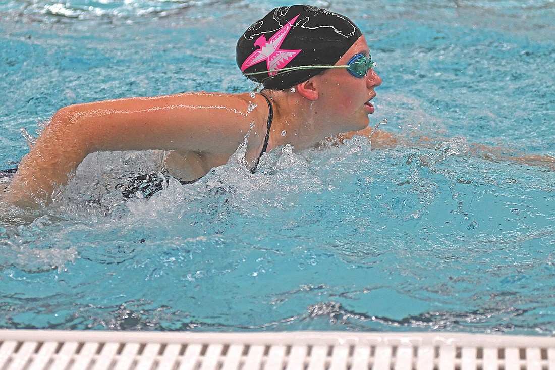 Alicia Kroening does a warm-up swim during the first day of practice Tuesday, Aug. 12 at the Lakeland Union High School pool in Minocqua. (Photo by Brett LaBore/Lakeland Times)