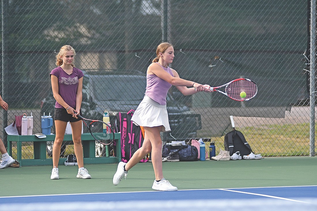 Eavan Wauters hits a groundstroke during the first day of practice Tuesday, Aug. 12 at the Lakeland Union High School tennis courts in Minocqua. (Photo by Brett LaBore/Lakeland Times)
