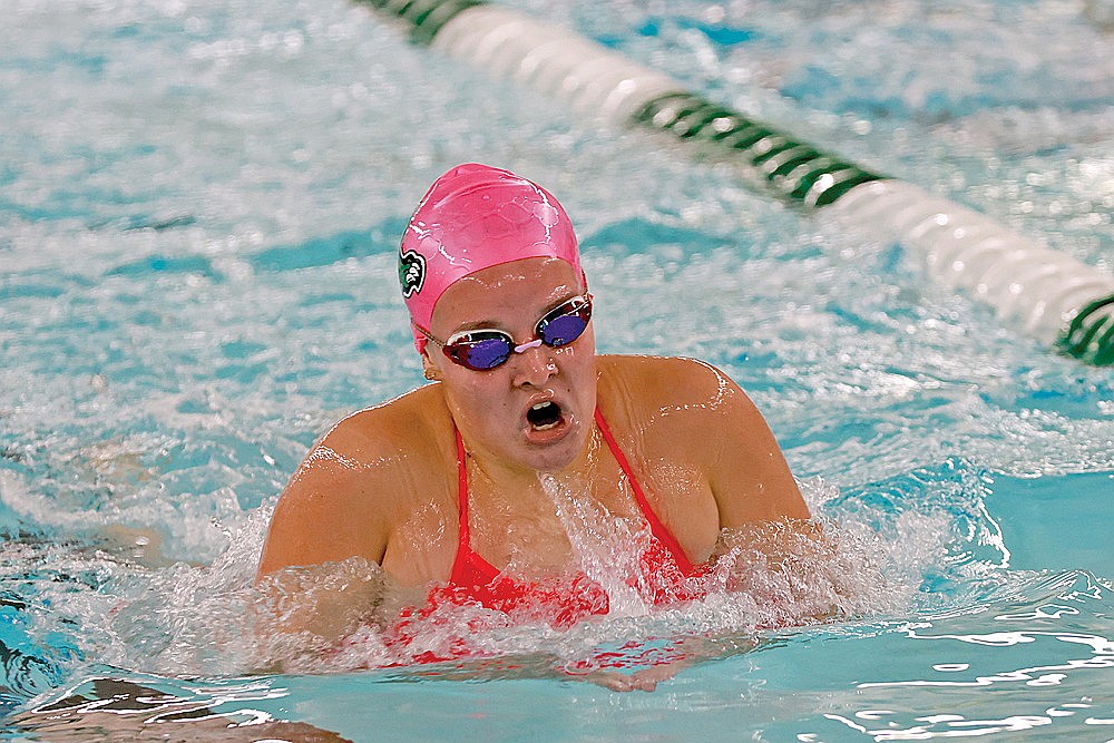 In this Oct. 10, 2024 file photo, Rhinelander’s Emma Houg swims the breaststroke portion of the 200-yard individual medley during a GNC girls’ swim meet against Mosinee at the Heck Family Community Pool. Houg, one of two seniors on the Hodag squad, was a state qualifier last year in the 200 IM. (Bob Mainhardt for the River News)