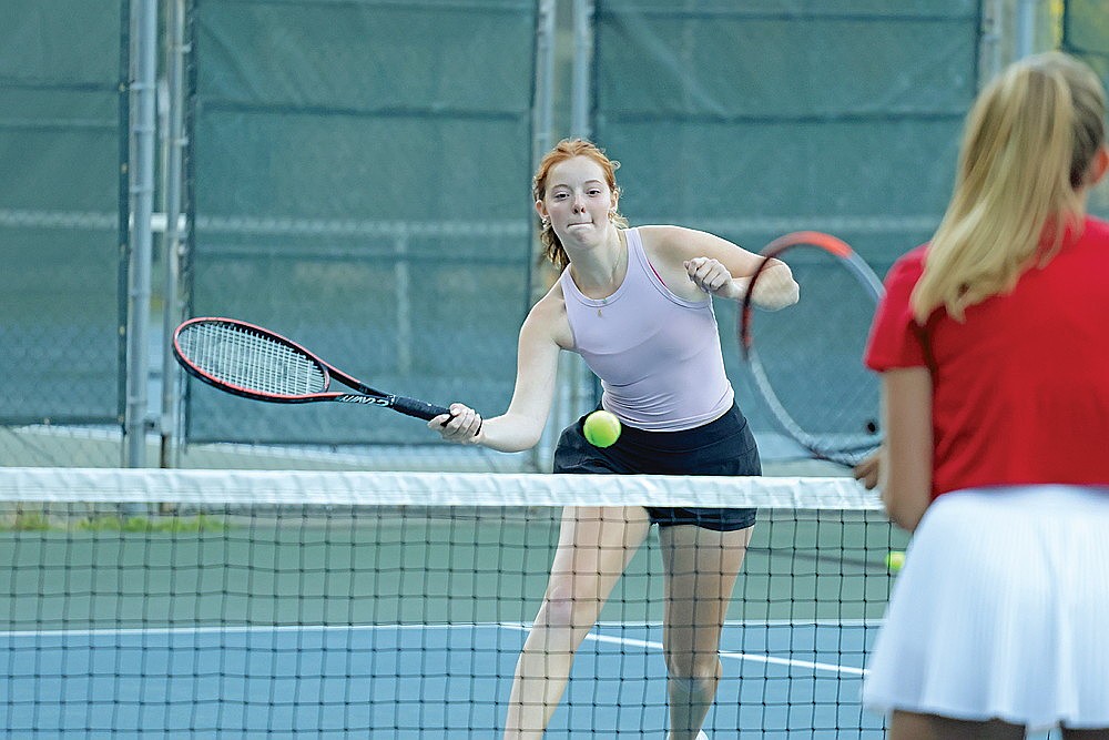 Maddie Legrey plays a point at the net during Rhinelander High School girls’ tennis practice Thursday, Aug. 14 at the RHS tennis courts. Legrey is one of five returning seniors in the starting lineup for the Hodags this fall. (Jeremy Mayo/River News)