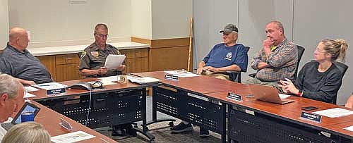 Vilas County board chairman Jerry Burkett, left, also chair of the county board’s law enforcement and emergency management (LEEM) committee, Vilas County sheriff Joe Fath, Vilas County supervisor Tom Maulson, Lac du Flambeau town chairman Matt Gaulke and Vilas County supervisor Leah Trojan at Monday’s LEEM meeting in Eagle River. (Photo by Brian Jopek/Lakeland Times)