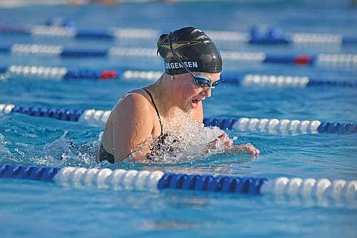 Jaime Jorgensen rises for air in the breaststroke portion of the 400 individual medley relay during the Merrill Fun in the Sun Relays Thursday, Aug. 21 at the Bierman Family Aquatic Center. (Photo by Brett LaBore/Lakeland Times)
