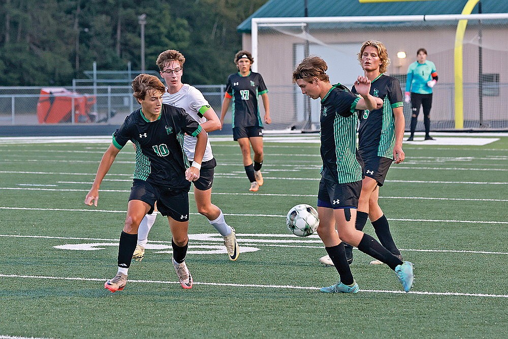 In this Sept. 5, 2024 file photo, Rhinelander’s Aidan Lueder and Charlie Johnson (10) attempt to play a ball during the first half of a GNC boys’ soccer game against Antigo at Mike Webster Stadium. Lueder is the top returning scorer for the Hodags from last year while Johnson is one of two returning all-conference selections for the Hodags. (Bob Mainhardt for the River News)